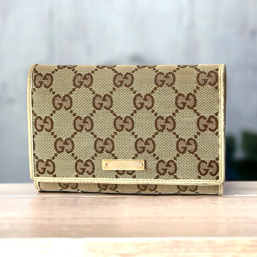 GUCCI GG Monogram Metal Bar Continental Flap Wallet Cream/Brown